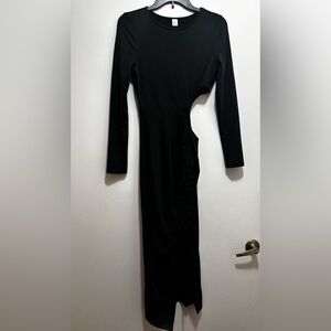 Long Sleeve Bodycon Midi Dress w/ Waist Cutout & High Slit